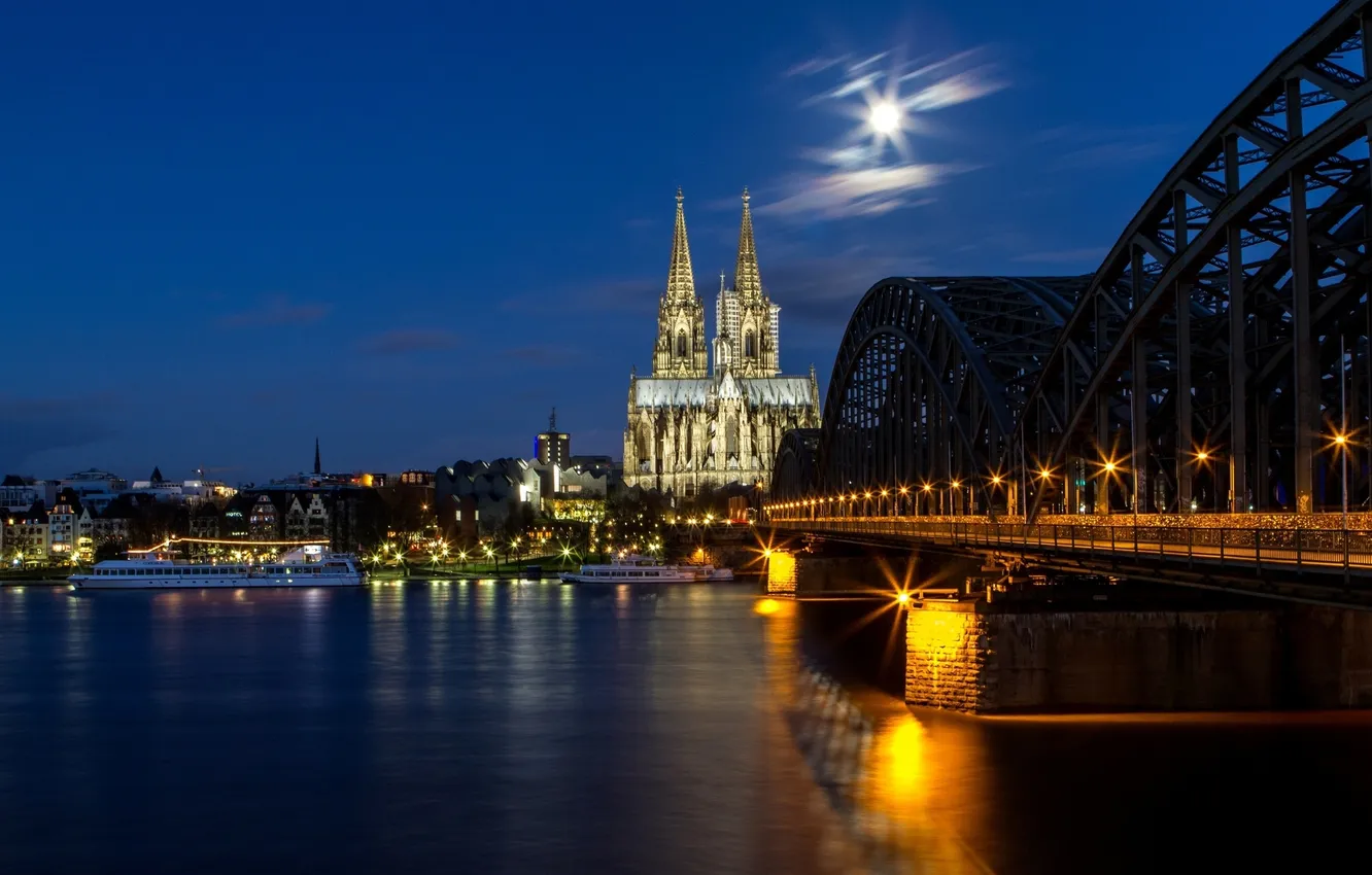 Фото обои ночь, мост, город, река, луна, Германия, освещение, церковь