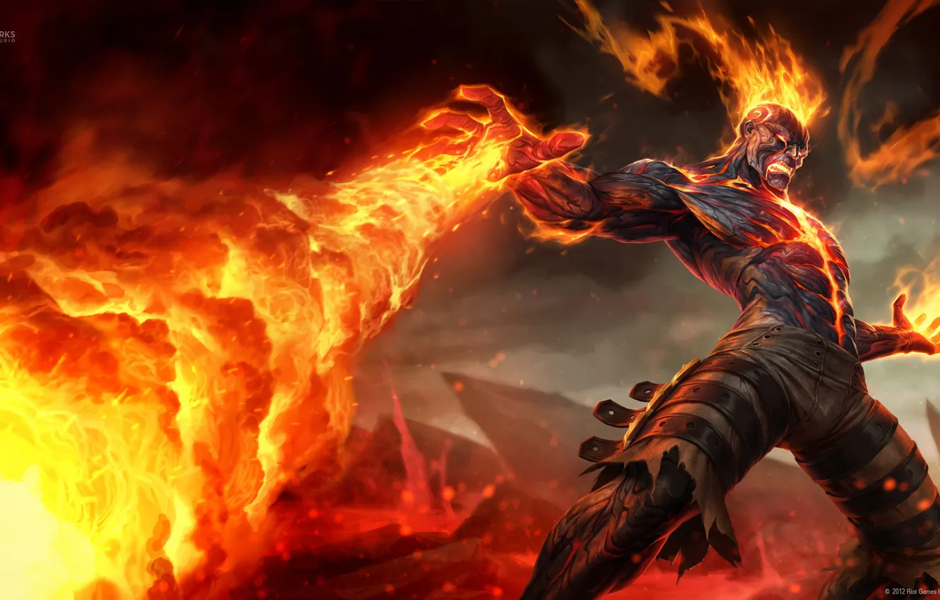 Фото обои скалы, пламя, маг, League of Legends, brand, LoL