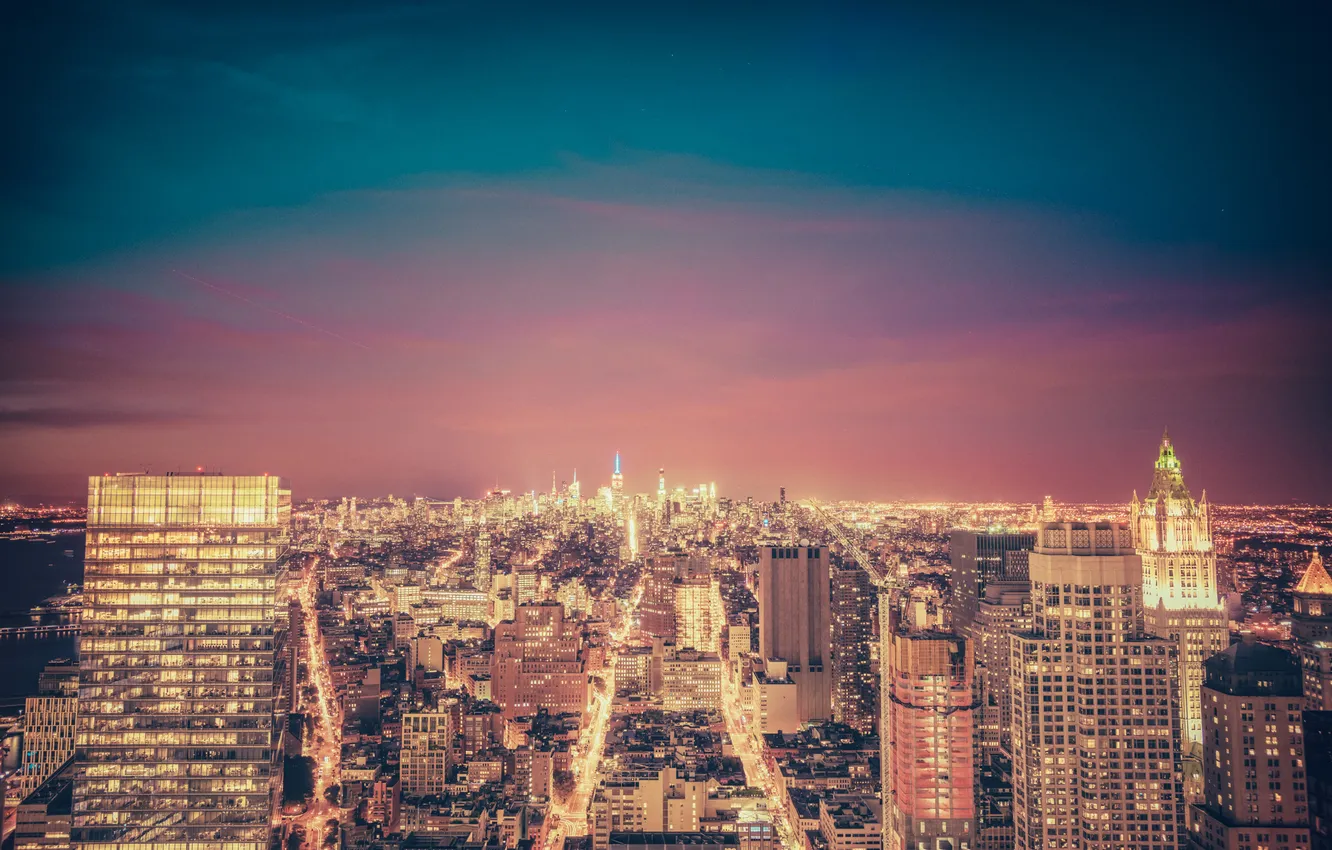 Фото обои небо, ночь, огни, здания, Нью-Йорк, Эмпайр-стейт-билдинг, Соединенные Штаты