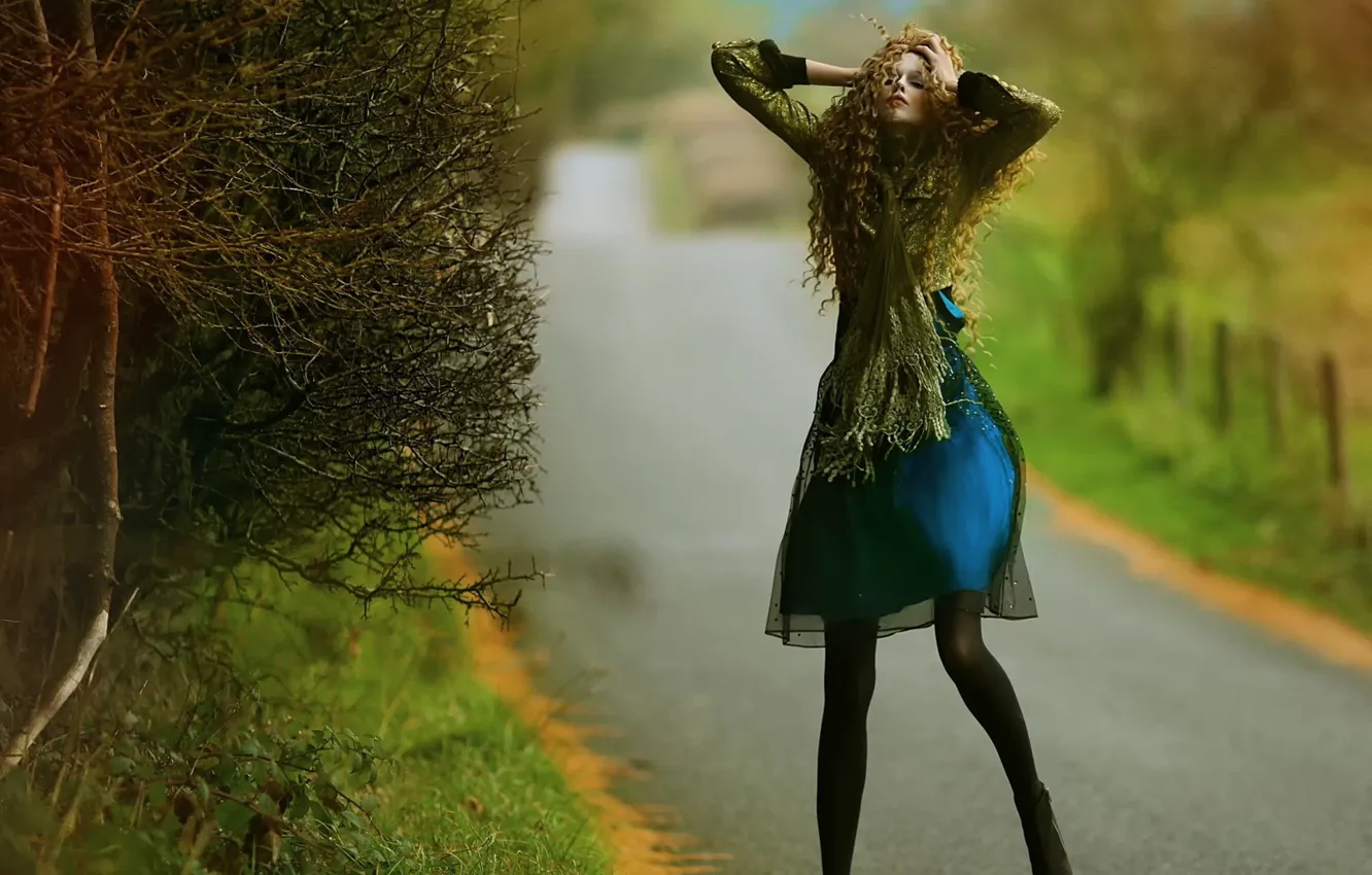 Фото обои дорога, девушка, фантазия, арт, Agnieszka Lorek, Blue dress