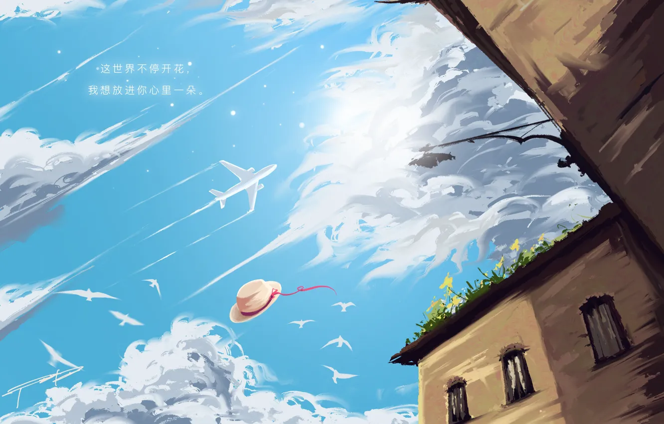 Фото обои небо, птицы, дом, самолет, шляпа, by Fangpeii