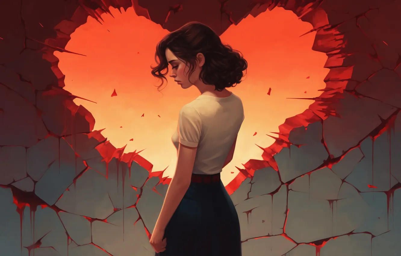 Фото обои девушка, волосы, шатенка, разбитое сердце, цифровое искусство, ИИ-арт, Искусство искусственного интеллекта, НЕЙРОСЕТЬ