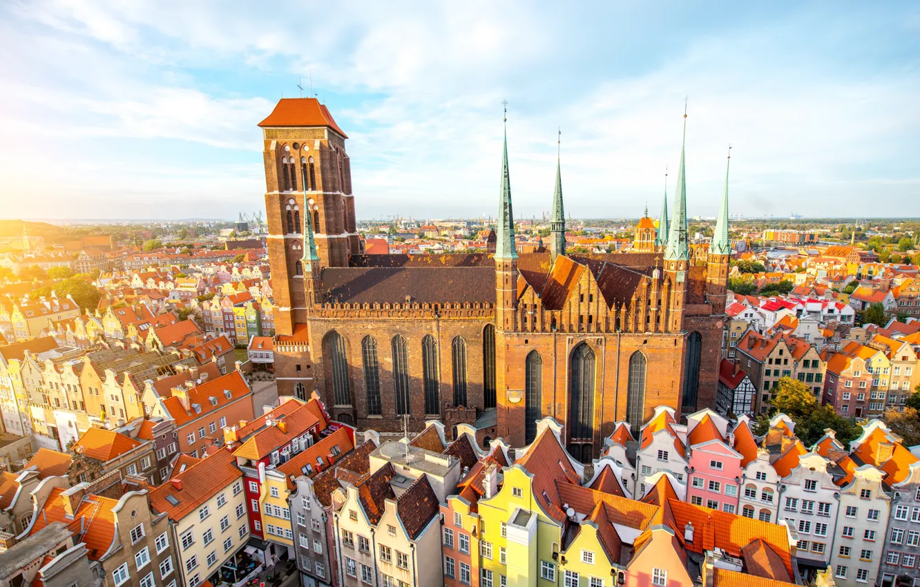 Фото обои Закат, Деревья, Польша, Костел, Poland, Gdansk, Гданьск, Шпиль