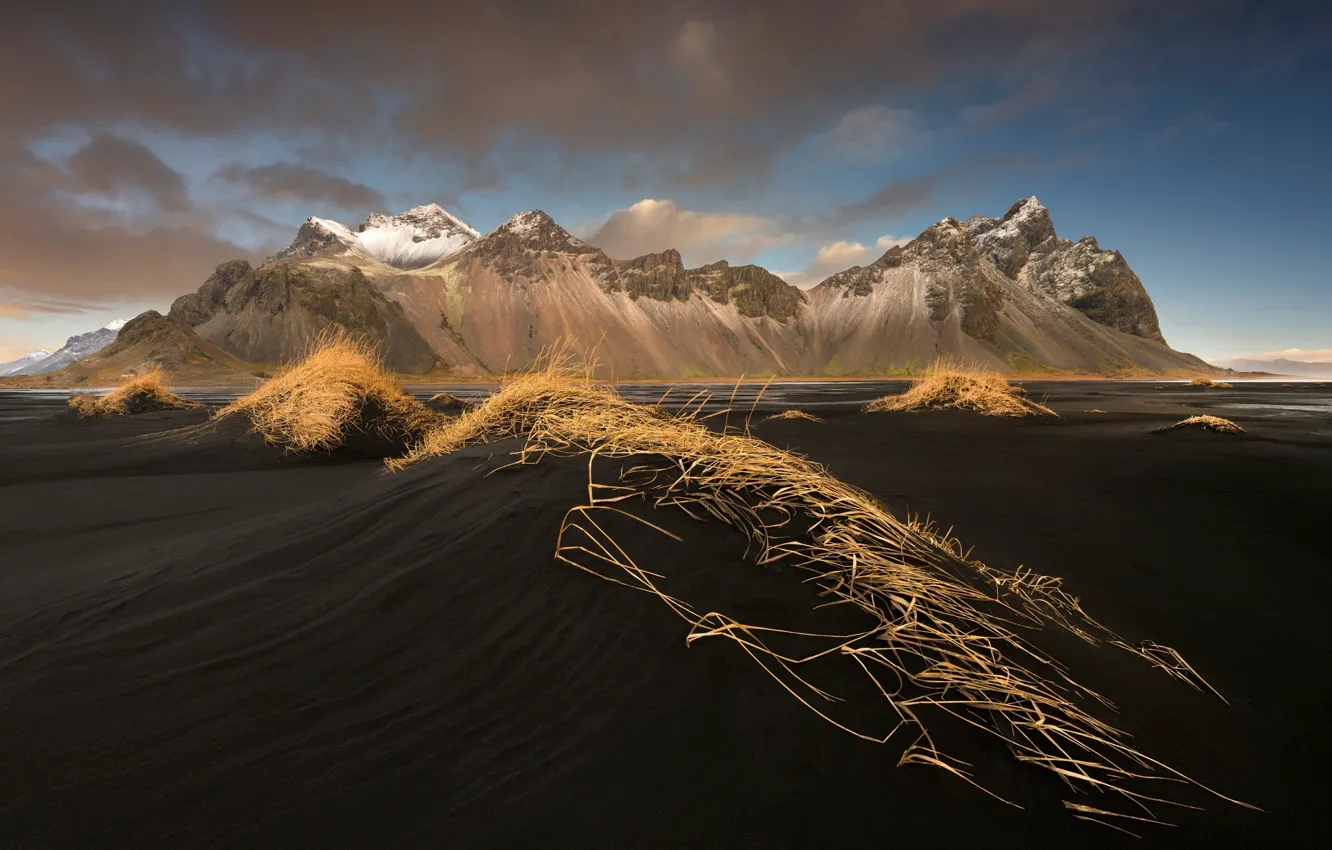 Фото обои пляж, горы, гора, Исландия, Стокнес