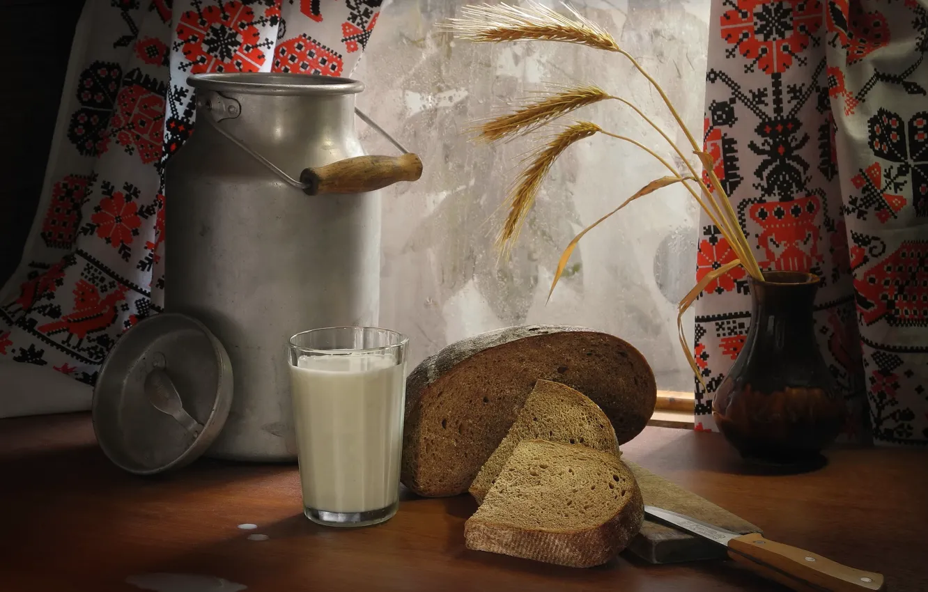 Фото обои молоко, хлеб, нож
