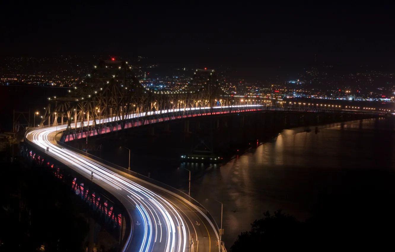 Фото обои дорога, ночь, мост, река