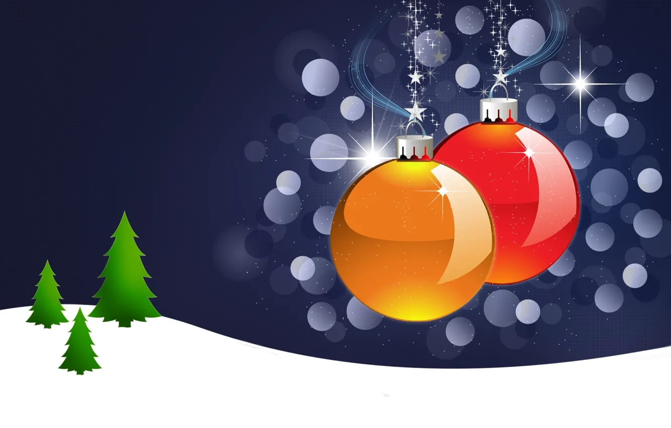 Фото обои шарики, снег, шары, игрушки, звезда, елка, новый год, рождество