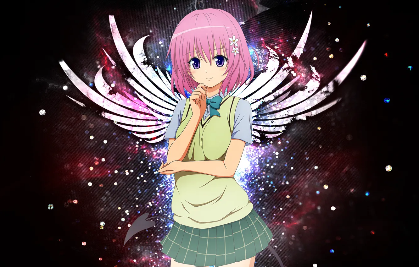 Фото обои девушка, крылья, демон, школьная форма, короткие волосы, фиолетовые глаза, розовые волосы, суккуб