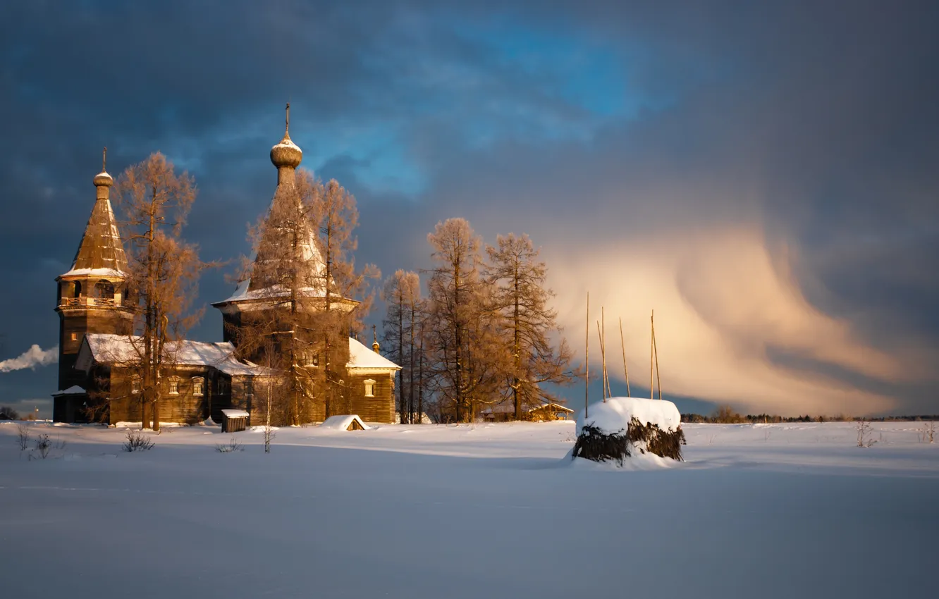 Фото обои зима, пейзаж, церковь, Сергей Ширгин, Ошевенский погост