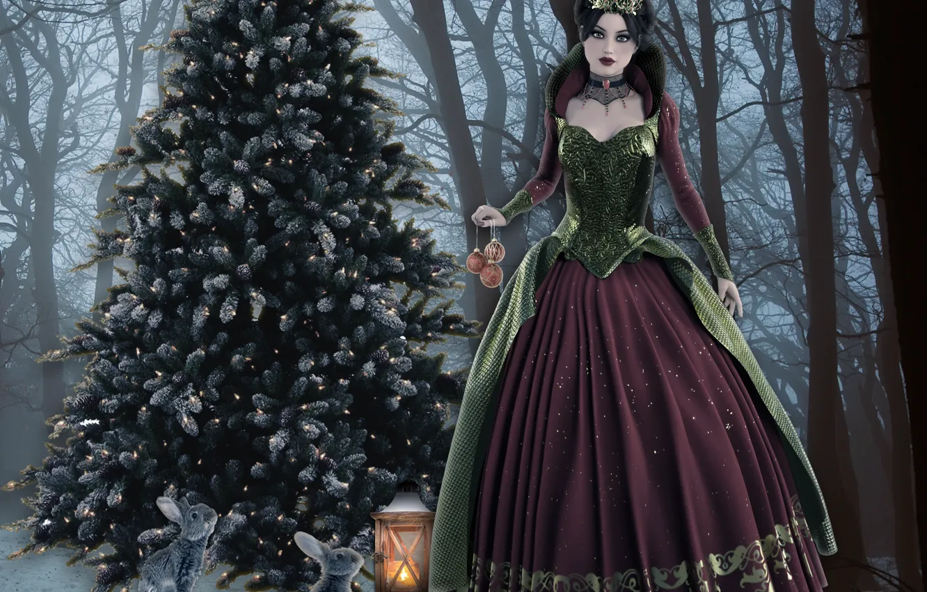 Фото обои украшения, пейзаж, рождество, фонарь, иллюстрация, новогодняя ёлка, зайчики, зимняя королева