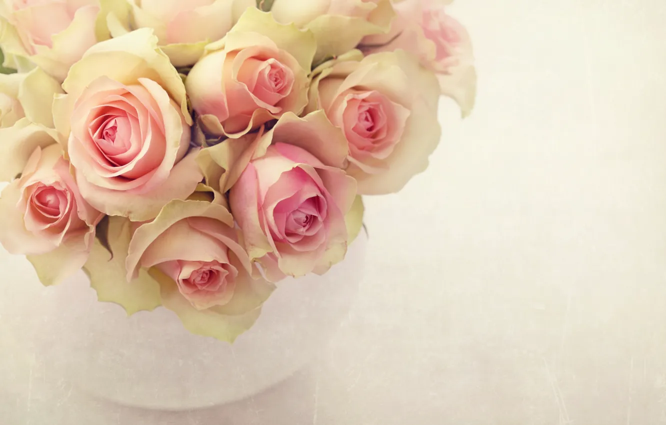 Фото обои розовый, розы, букет, ваза