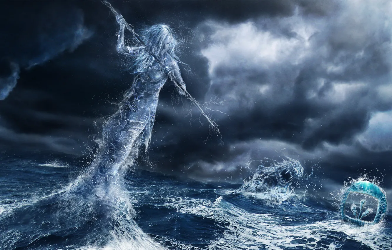 Фото обои море, девушка, тучи, шторм, монстр, дух, арт, копье