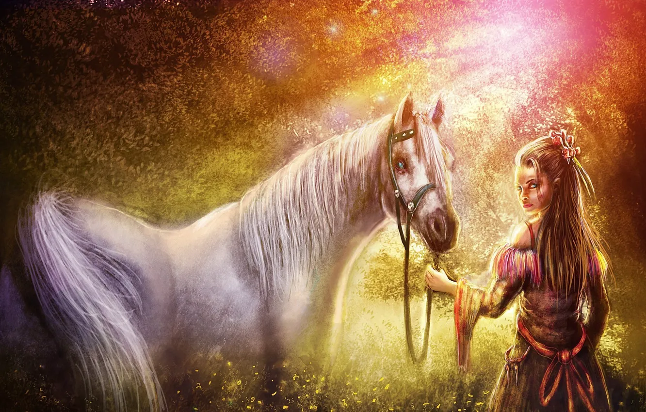 Фото обои лес, девушка, свет, конь, лошадь, арт, Zahid Raza Khan