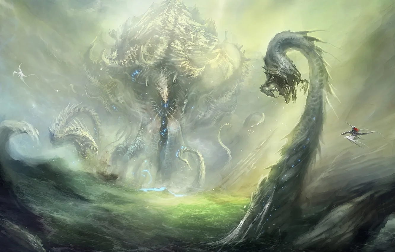 Фото обои драконы, арт, монстры, всадник, червь