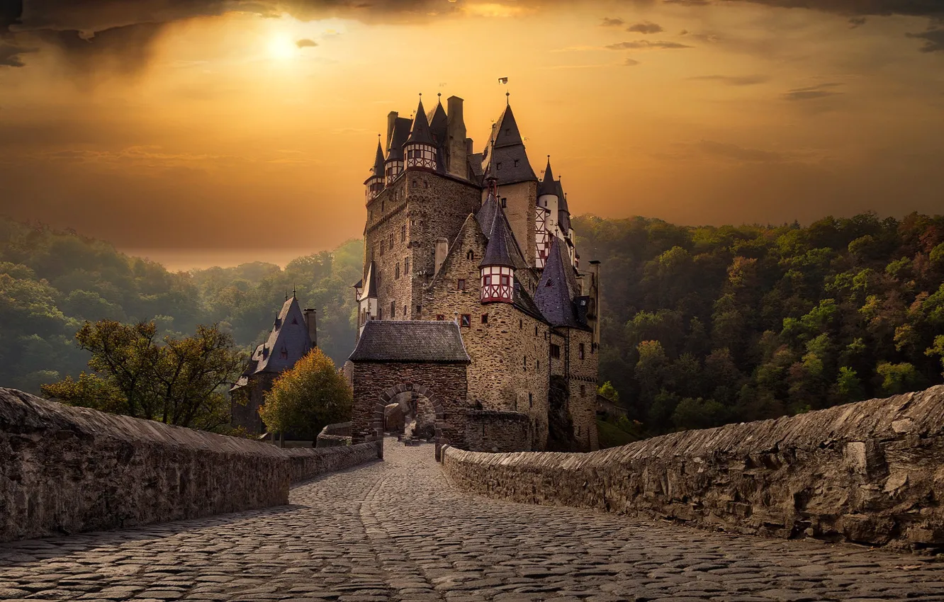 Фото обои закат, природа, замок, Германия, Burg Eltz