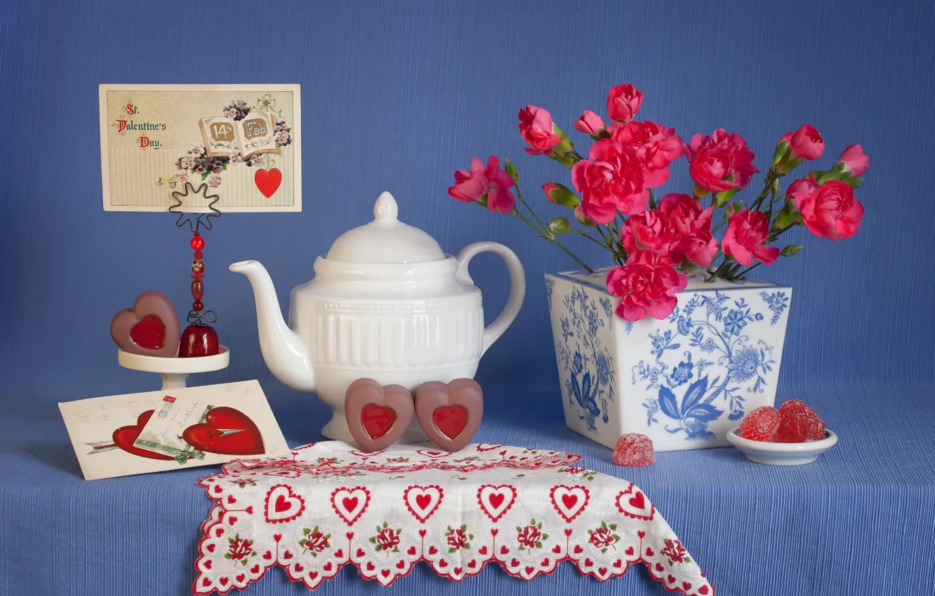 Фото обои стиль, сердца, чайник, конфеты, натюрморт, день влюбленных, открытка, 14 февраля