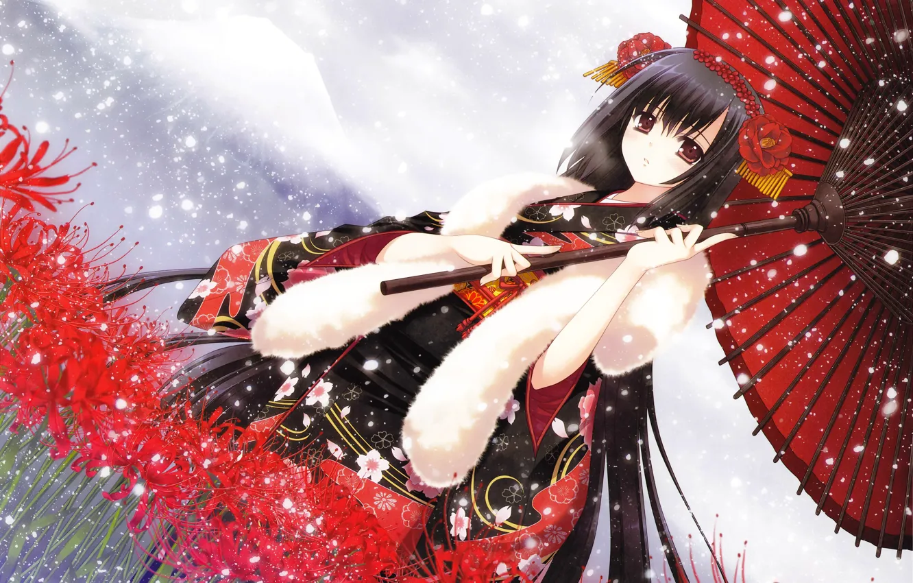 Фото обои снег, цветы, зонт, прическа, девочка, красные, мех, кимоно