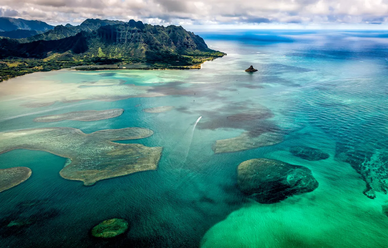 Фото обои море, небо, облака, горы, бухта, hawaii