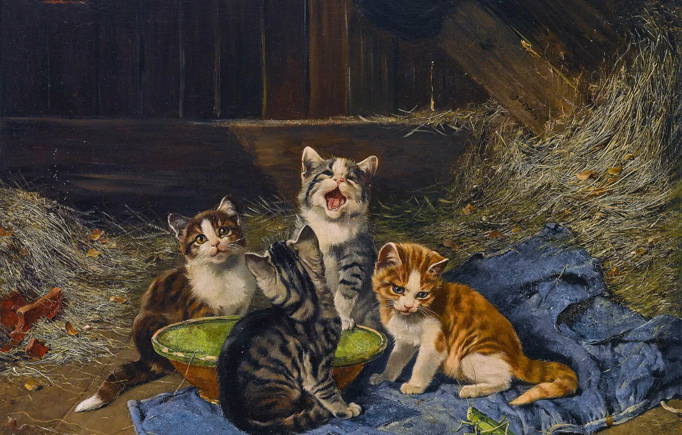 Фото обои Котята, Картина, Кузнечик, Киски, Четверо, Юлиус Антон Адам, Julius Anton Adam, Четыре котёнка с кузнечиком …