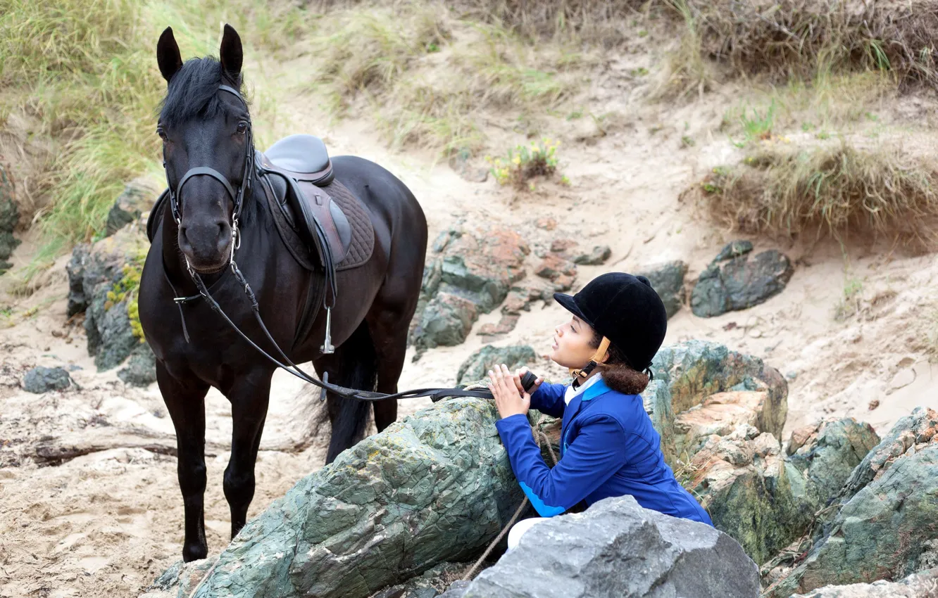 Фото обои конь, лошадь, девочка, жокей