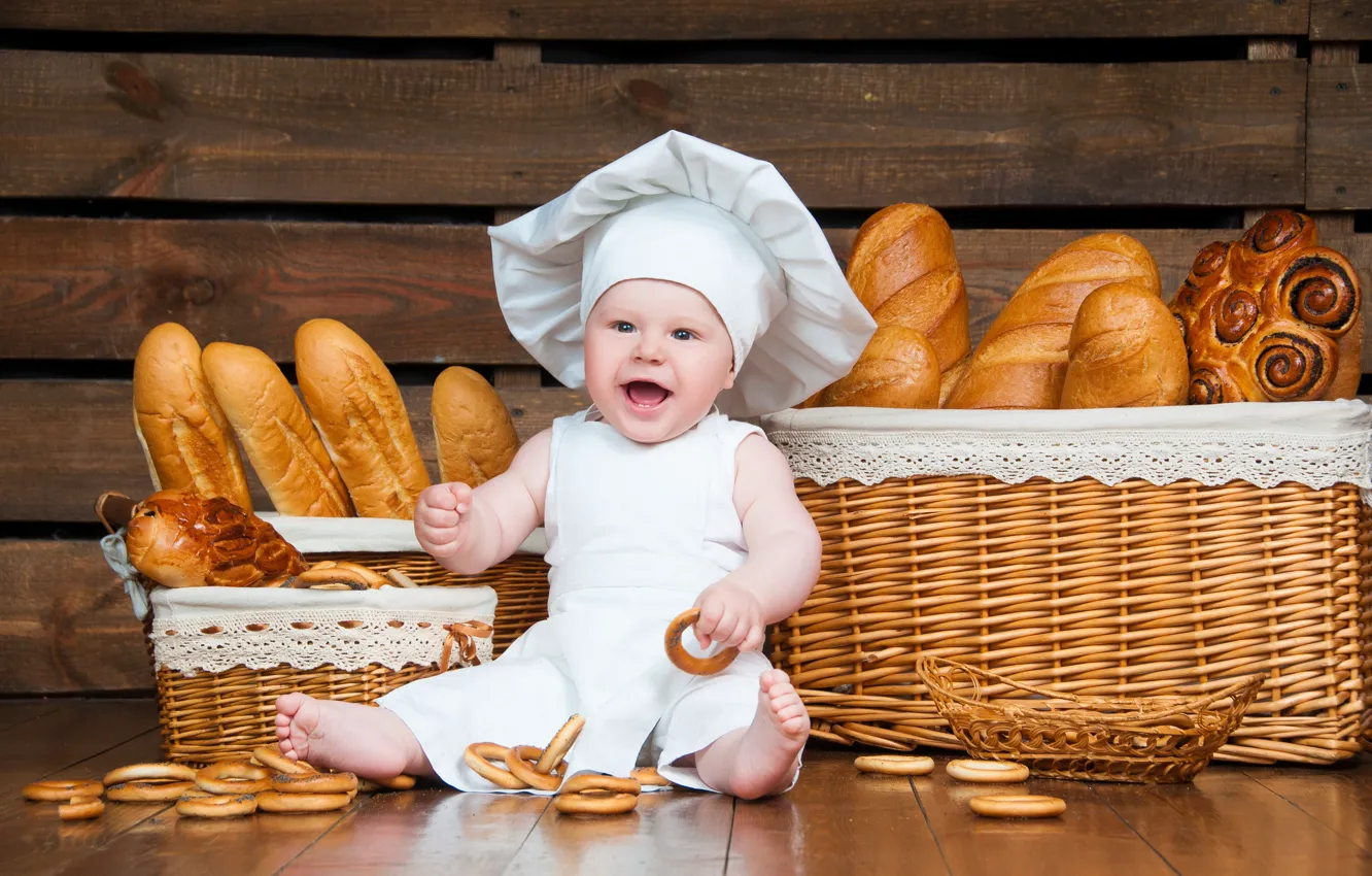 Фото обои малыш, хлеб, наряд, повар, баранки