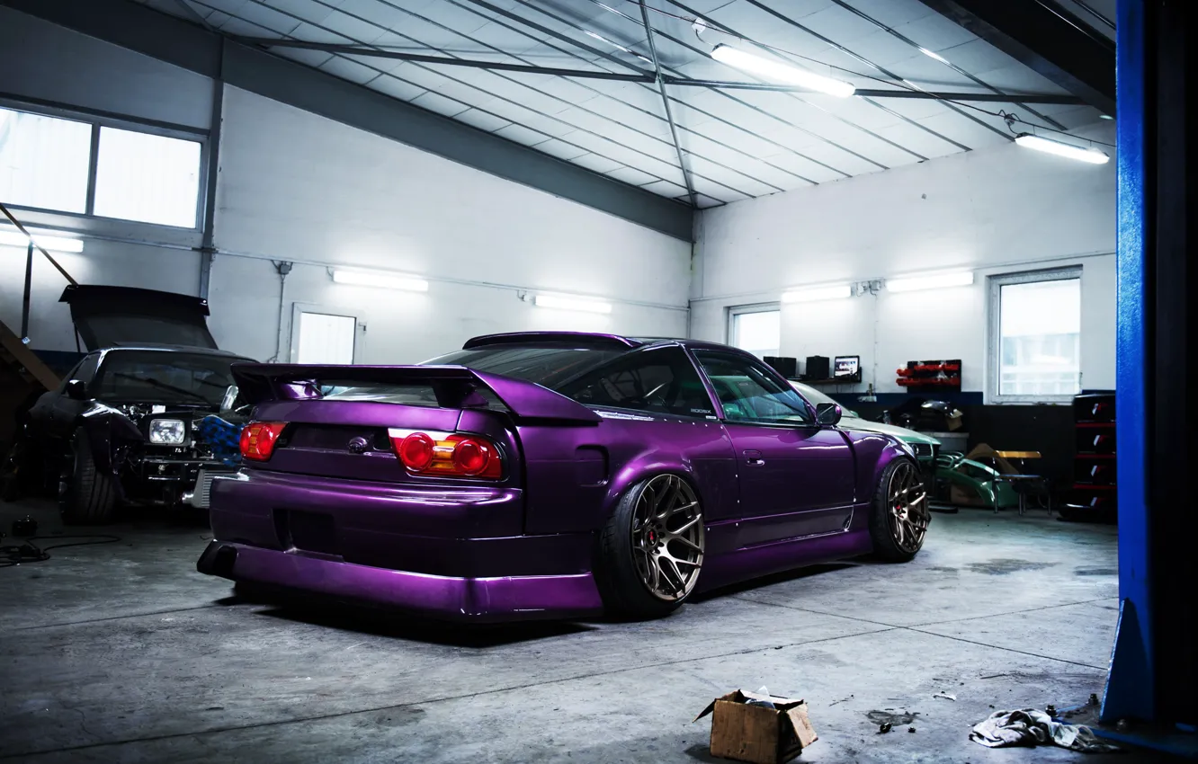 Фото обои Nissan, Violet, Garage, Rear, Nissan 200sx