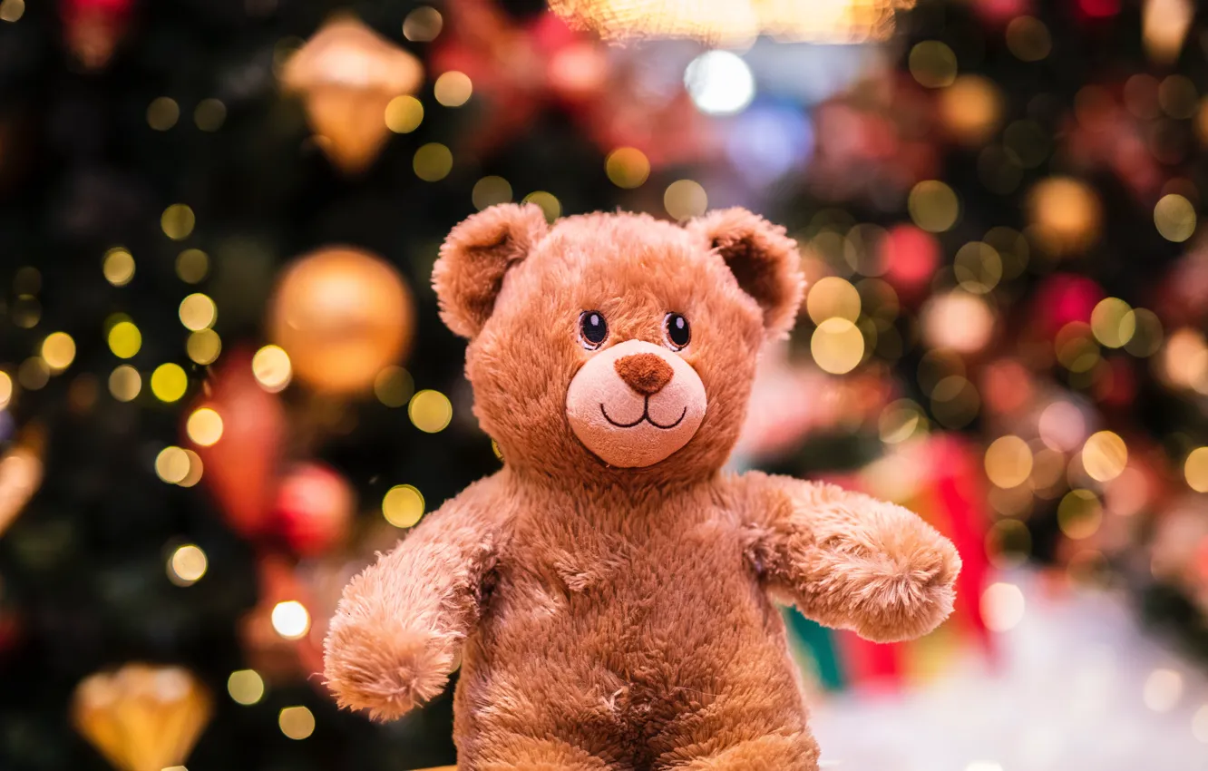 Фото обои зима, праздник, игрушка, игрушки, огоньки, медведь, Рождество, Новый год