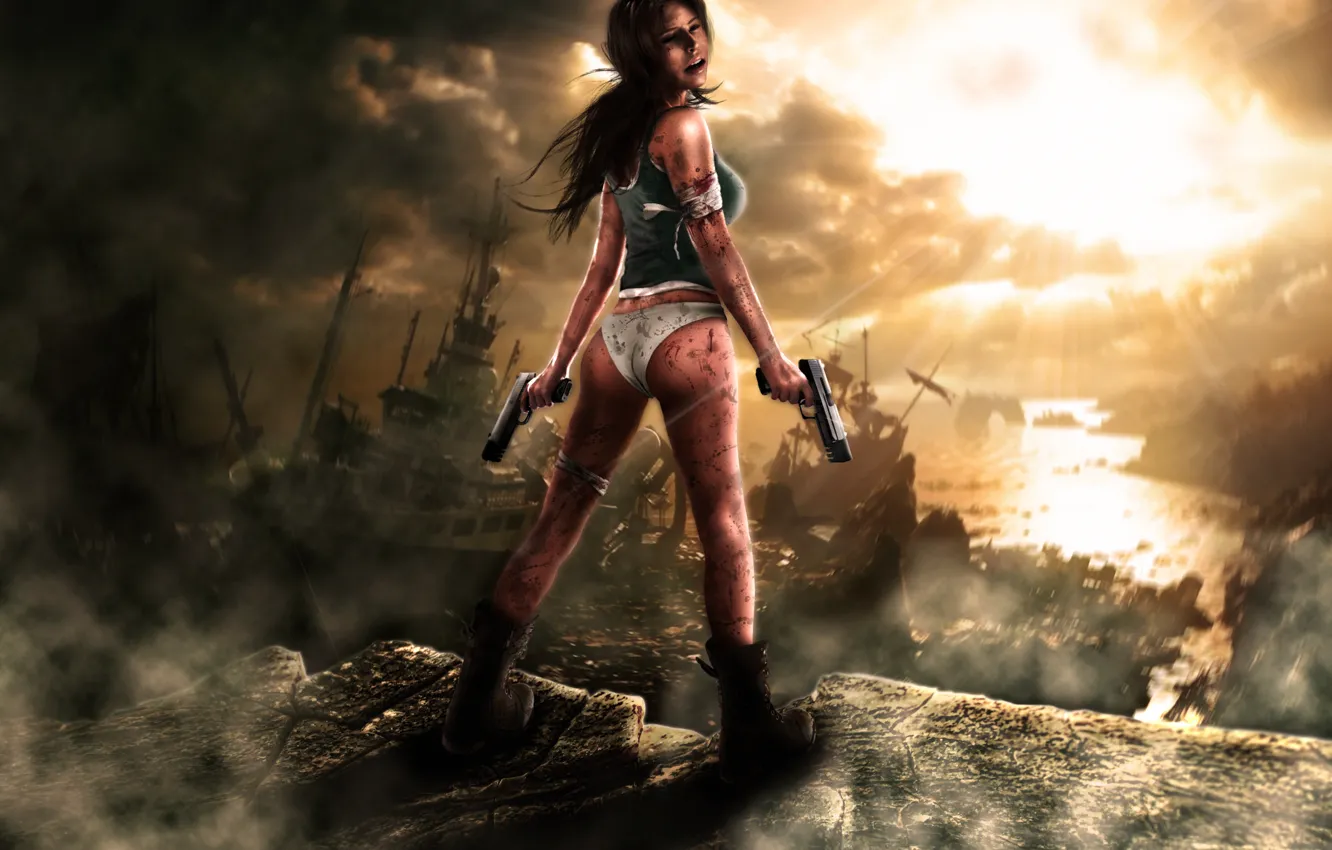 Фото обои девушка, лучи, тучи, камни, кровь, пистолеты, корабли, Tomb Raider