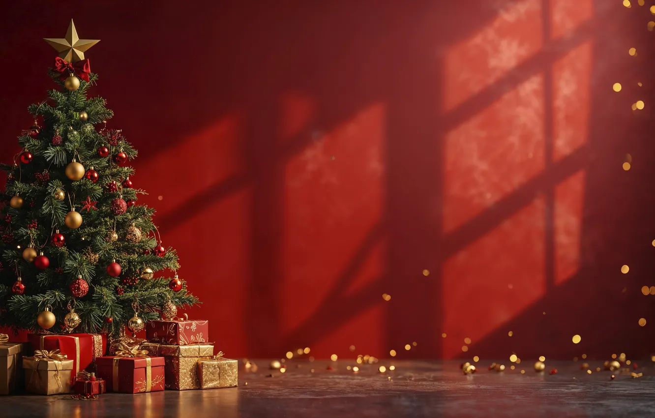 Фото обои украшения, елка, Рождество, подарки, Новый год, red, Christmas, tree
