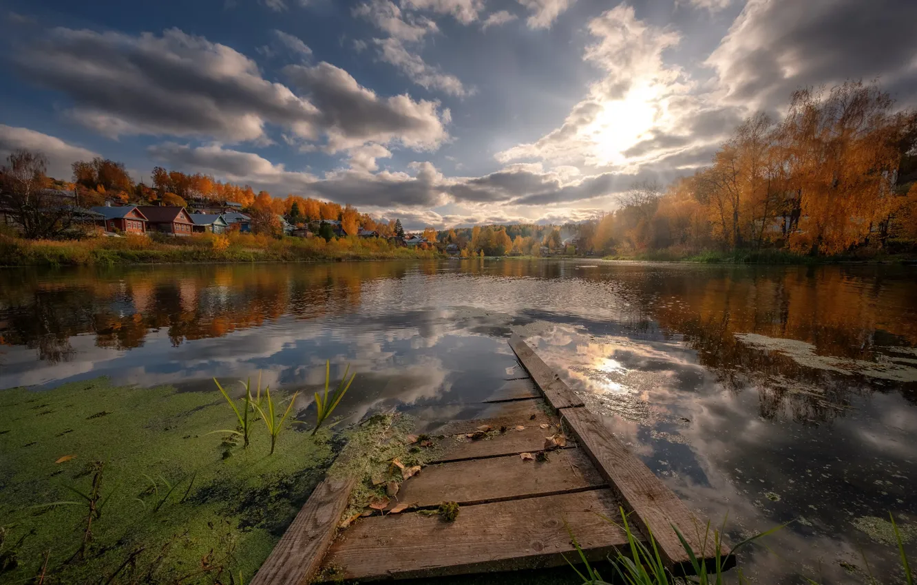 Фото обои осень, деревья, пейзаж, природа, город, пруд, дома, Плёс