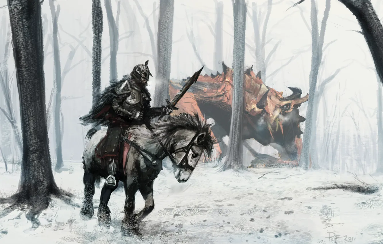 Фото обои лес, конь, человек, монстр, воин, арт, всадник