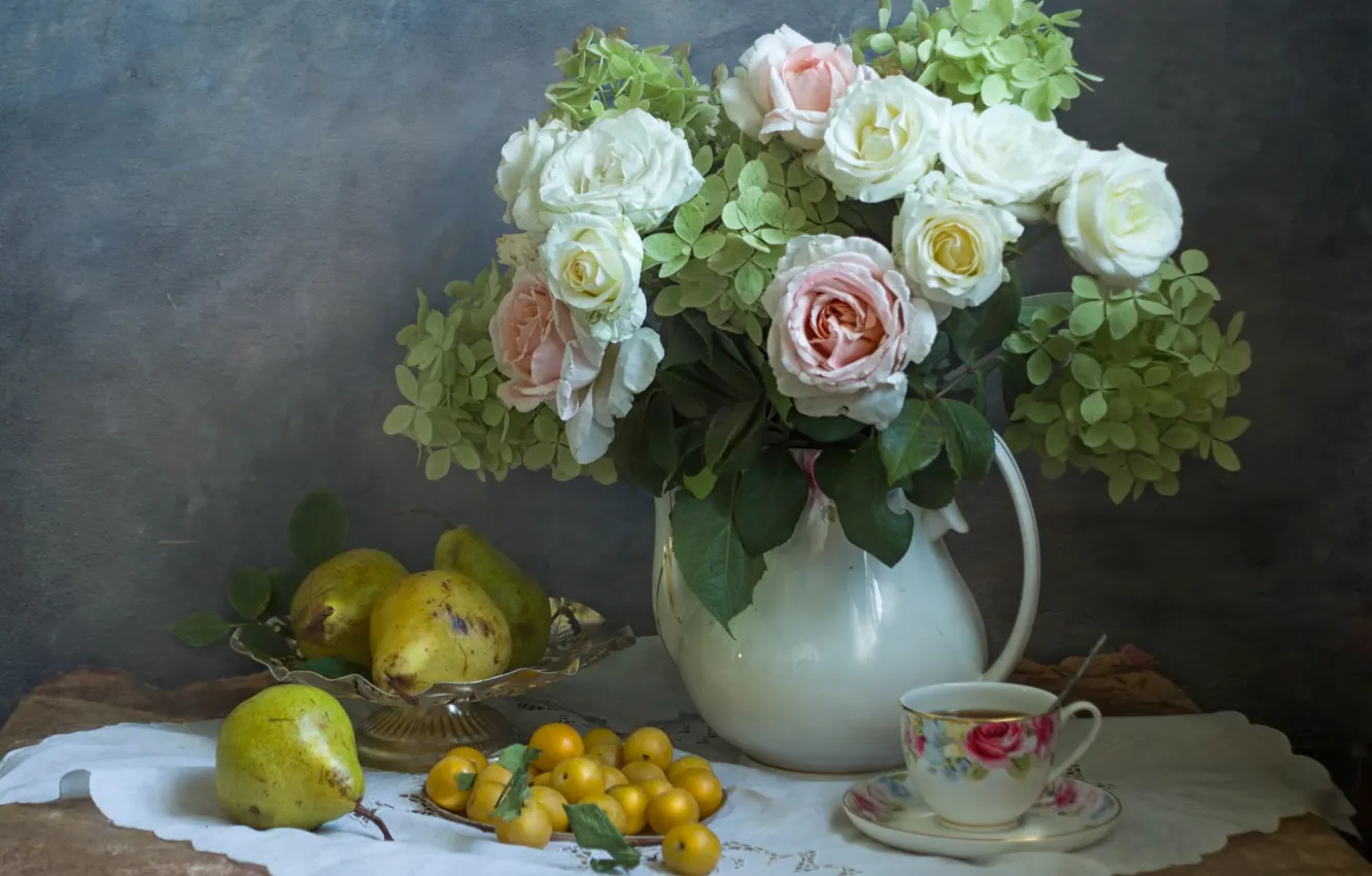 Фото обои чай, розы, букет, чашка, груши, гортензия, алыча