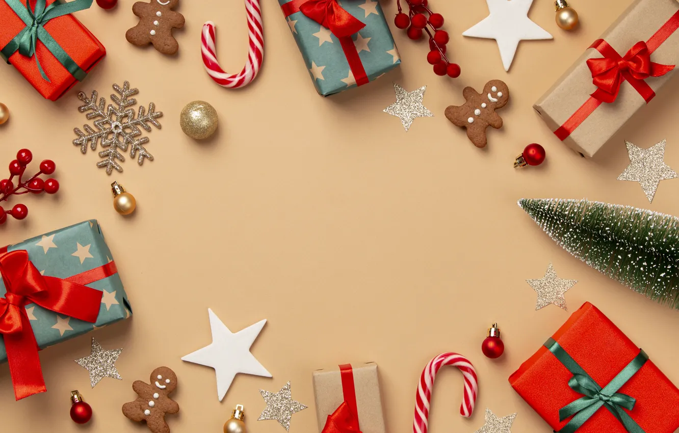 Фото обои снежинки, печенье, Рождество, подарки, Новый год, ёлка, christmas, new year
