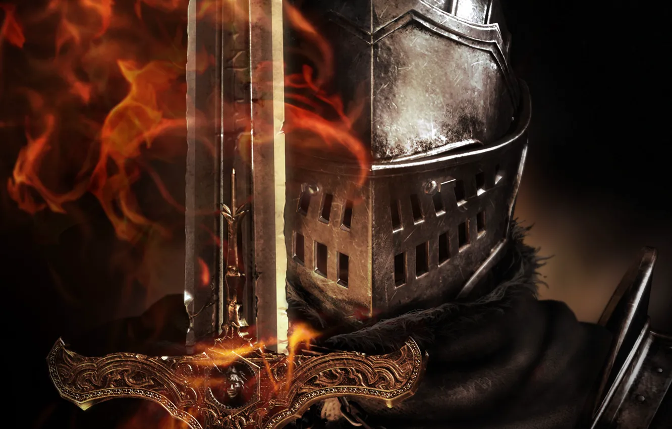 Фото обои пламя, меч, шлем, броня, рыцарь, Dark Souls