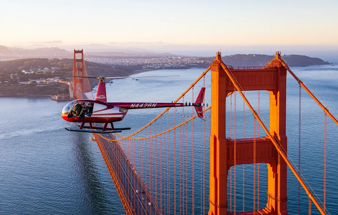 Фото обои море, мост, пролив, Калифорния, Сан-Франциско, вертолёт, Golden Gate Bridge, California