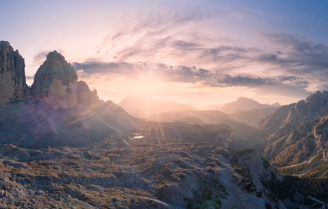 Фото обои солнце, горы, рассвет, утро, панорама, Доломиты