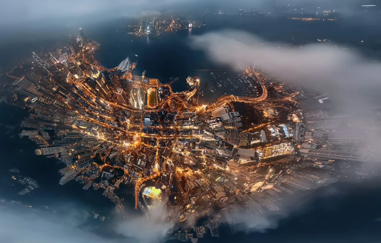 Фото обои облака, остров, Китай, вид сверху, Hong Kong