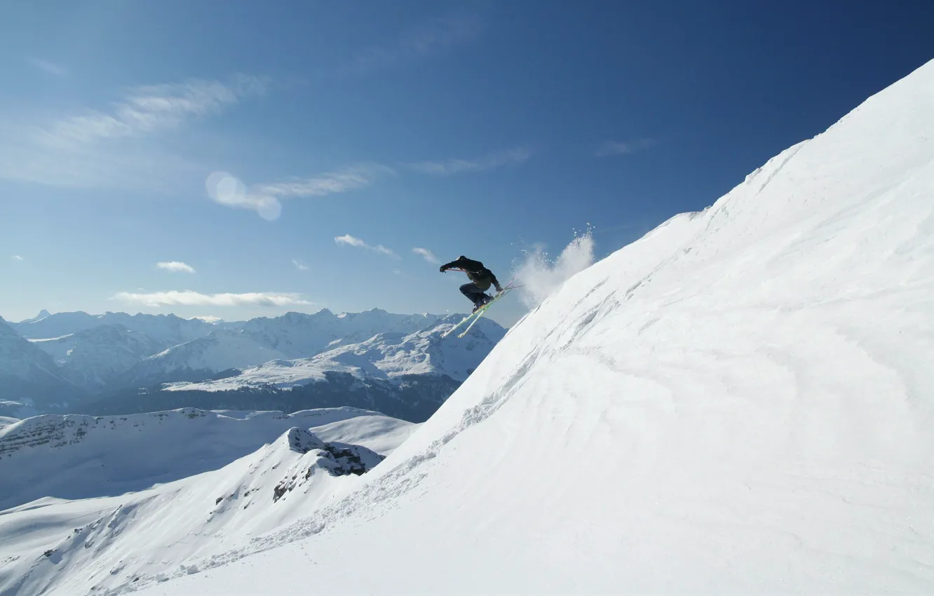 Фото обои снег, спуск, гора, склон, горнолыжник
