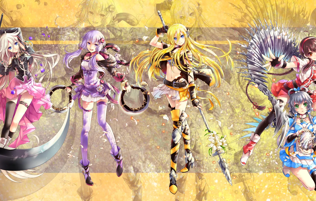 Фото обои оружие, фон, девушки, арт, vocaloid, lily, luo tianyi, yuzuki yukari