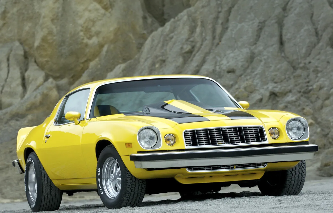 Фото обои желтый, мускул кар, классика, camaro, chevrolet, Muscle car, 1974, шевроле.камаро