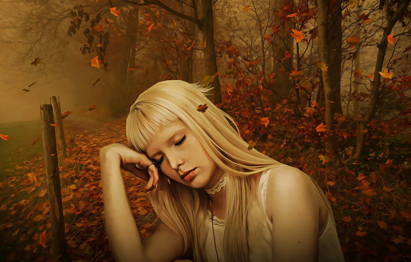 Фото обои осень, лес, листья, девушка, настроение, портрет, обработка, арт