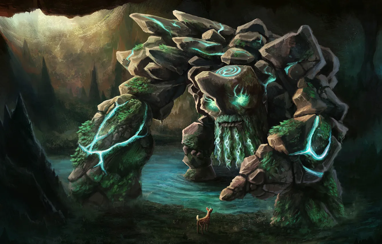 Фото обои вода, олень, арт, пещера, Dota 2, Tiny