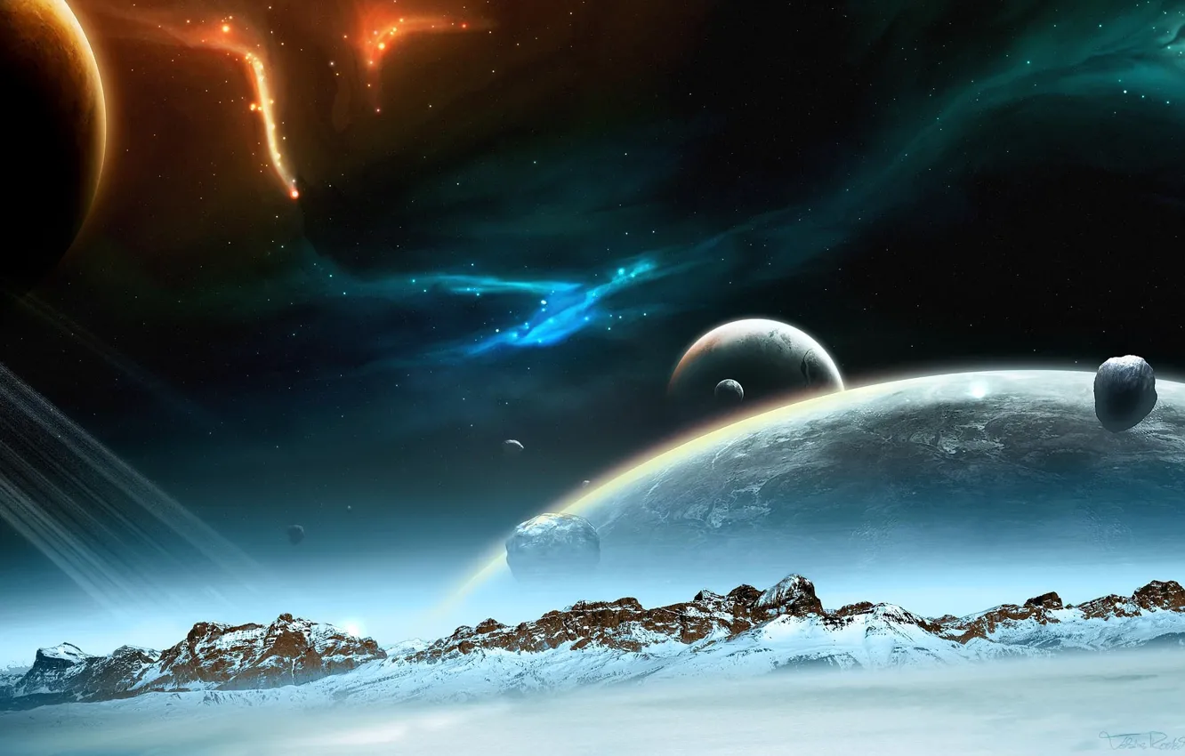 Фото обои космос, звезды, снег, горы, планеты, сияния