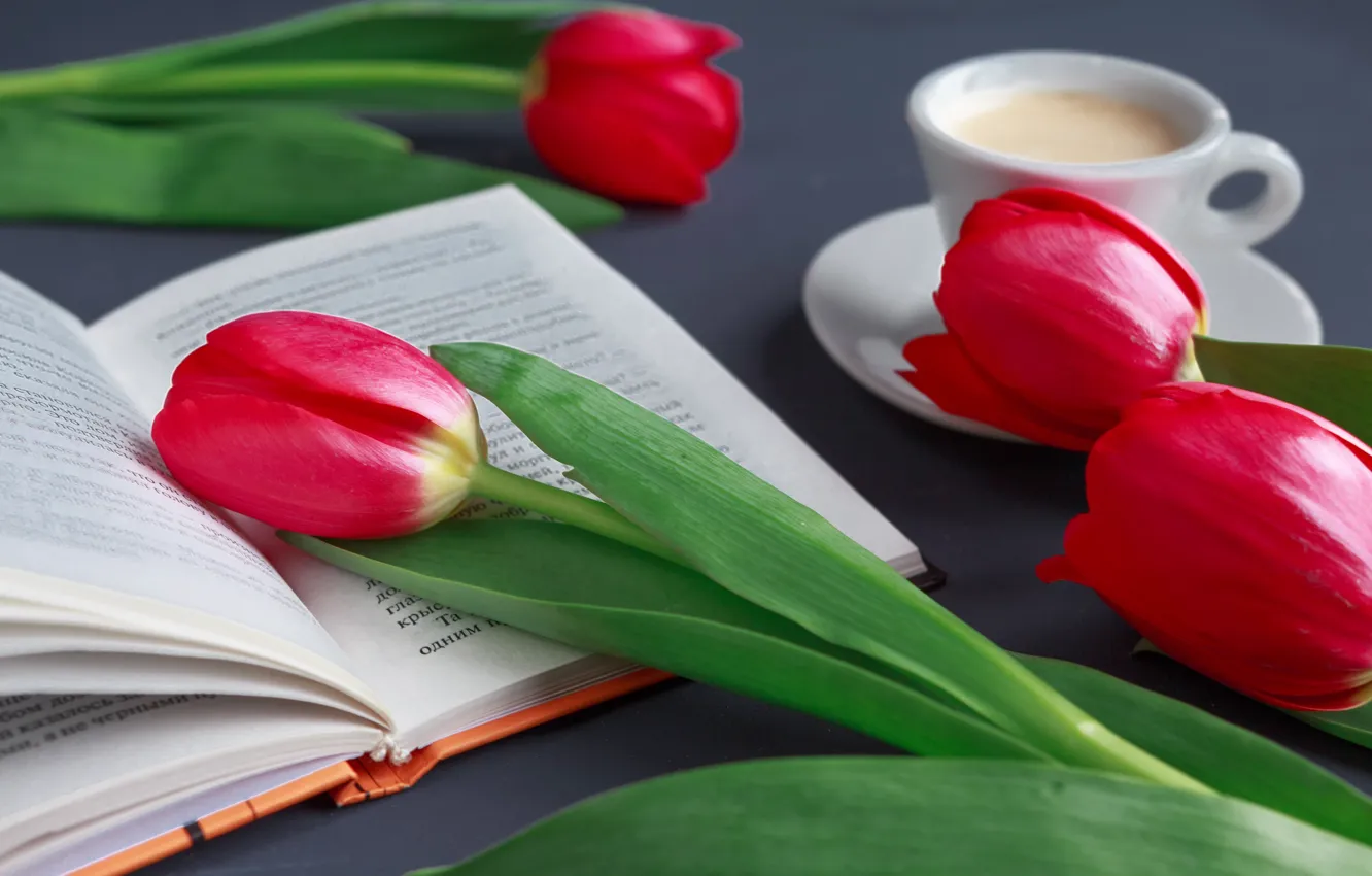 Фото обои цветы, настроение, кофе, тюльпаны, книга, чтение