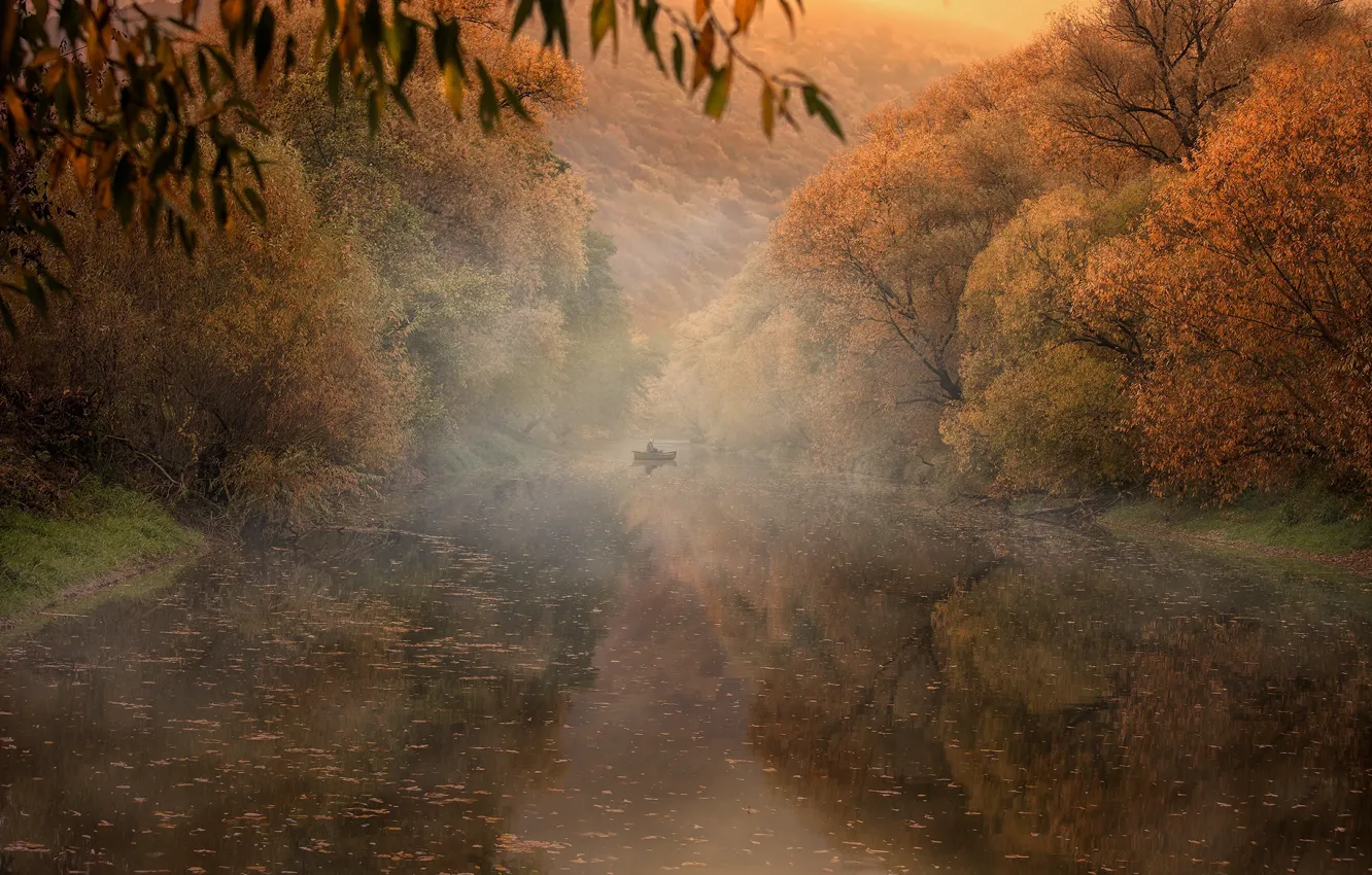 Фото обои осень, река, лодка