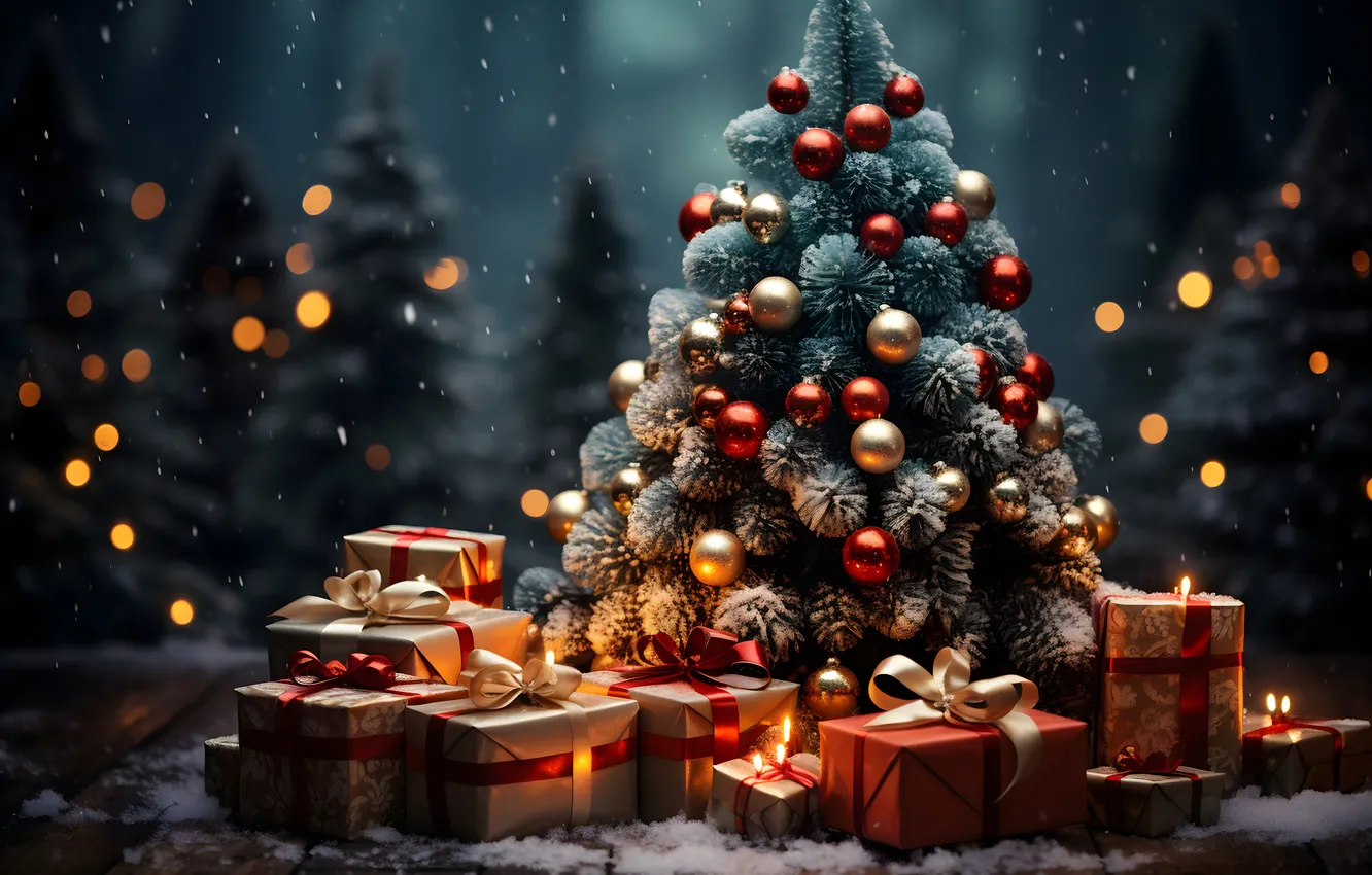 Фото обои шары, елка, Рождество, balls, tree, decoration, gift box, Новый год