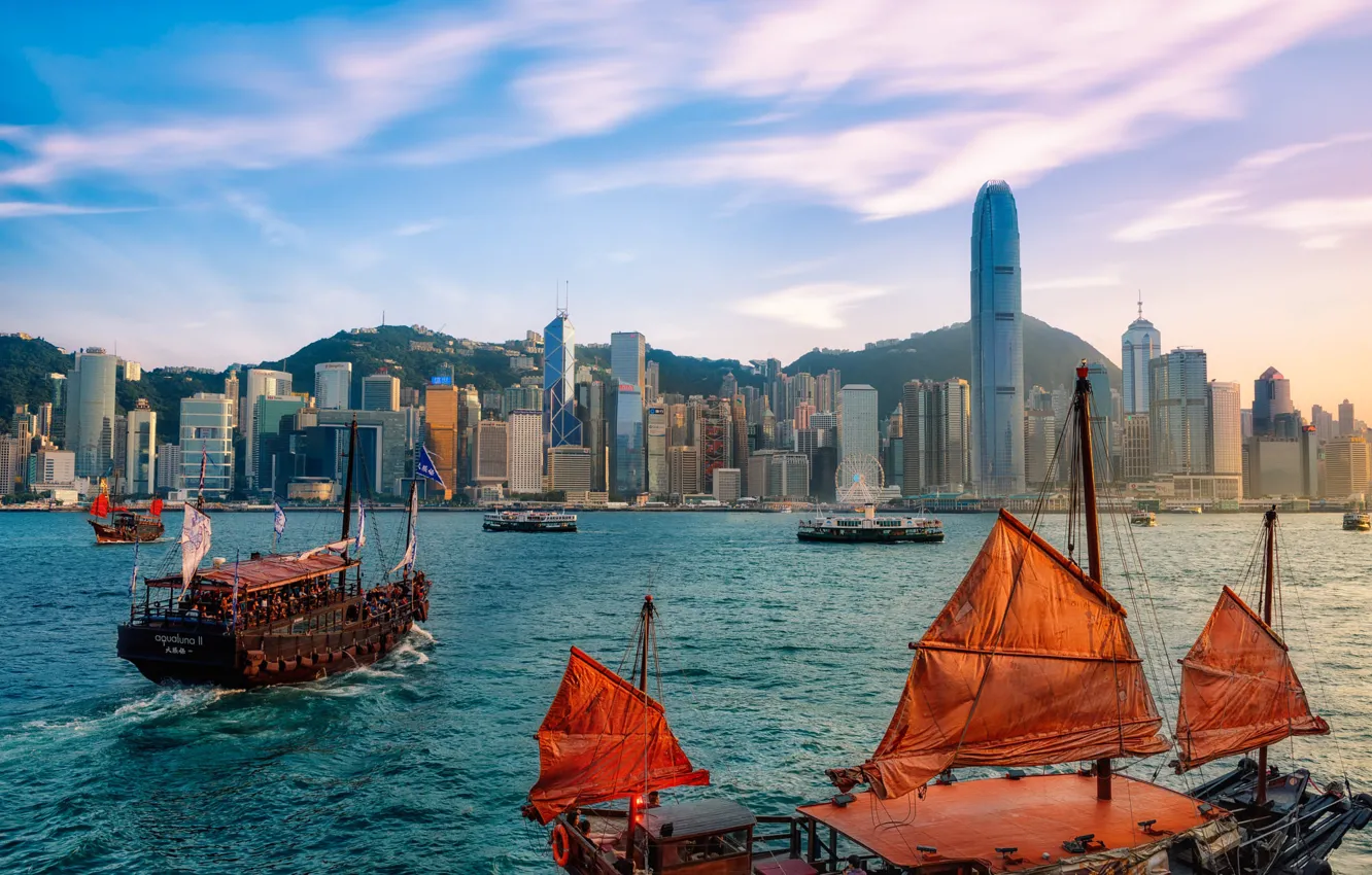 Фото обои горы, город, здания, дома, корабли, Гонконг, Hong Kong, Victoria Harbour