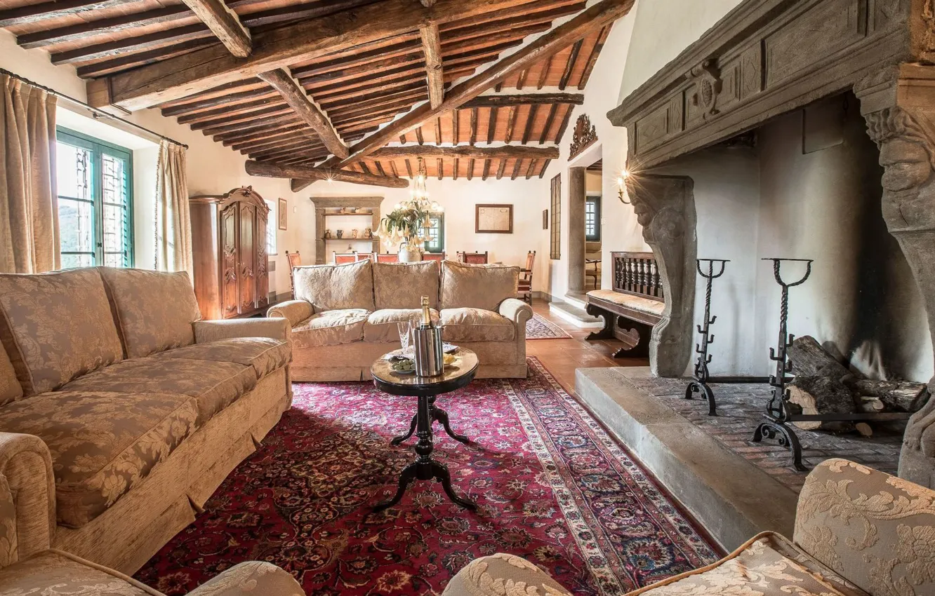 Фото обои дизайн, стиль, интерьер, Италия, камин, гостиная, столовая, Tuscany