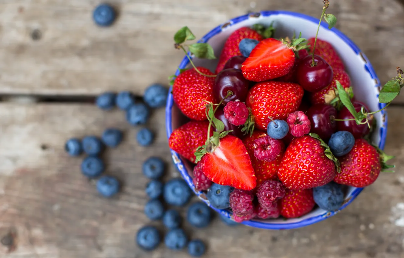 Фото обои ягоды, малина, черника, клубника, тарелка, вишни, голубика