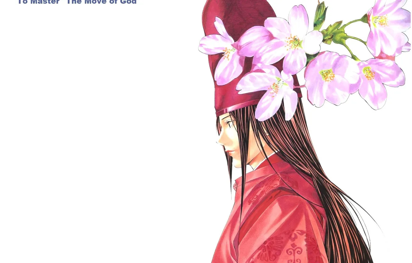 Фото обои шапка, сакура, белый фон, профиль, парень, длинные волосы, hikaru no go, fujiwara no sai